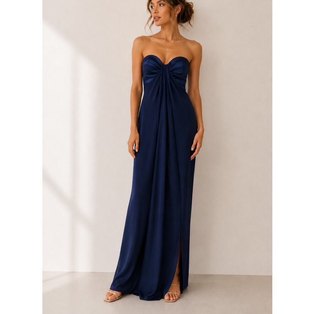 La Femme Blue Satin Strapless Chiffon Gown Womens 8 Formal Prom Maxi Bridesmaid
